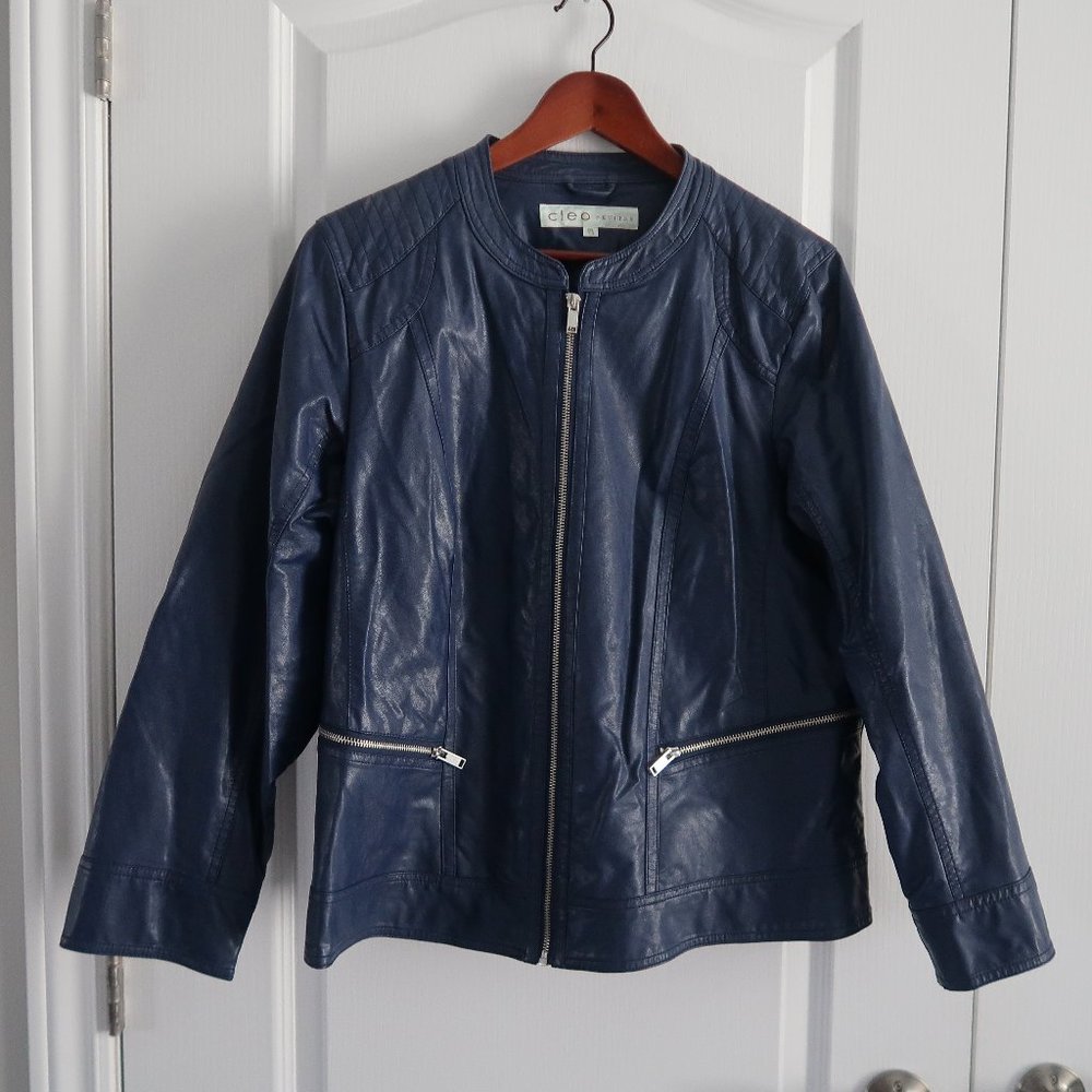 Cleo Navy Blue Faux Leather Zip Front Jacket